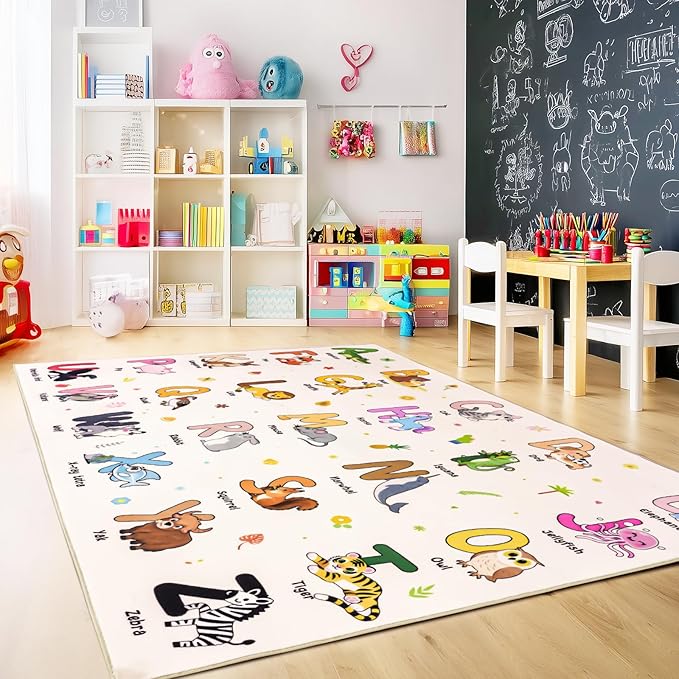 Kids Rugs for Playroom, 8x10 Ft Educational Rug for Learn The ABC Alphabet, Soft Machine Washable Non-Slip Cute Cartoon Animals Carpet for Classroom Toddler Nursery Kids Room Decor, Beige