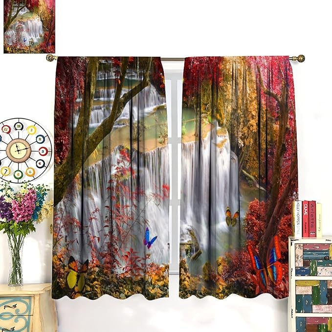 Landscape Blackout Curtains, Nature Forest Waterfall Butterfly Scenery Pattern Rod Pocket Window Drapes, for Bedroom Living Room 63" W X 63" L
