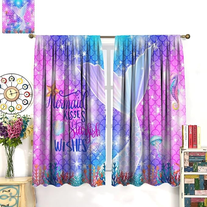 Kids Fantasy Mermaid Curtains Dream Colorful Mermaid Fish Tail Scale Fantasy Ocean Theme Window Treatment for Girls Bedroom Nursery Room Decor Window Drapes 84" W X 84" L