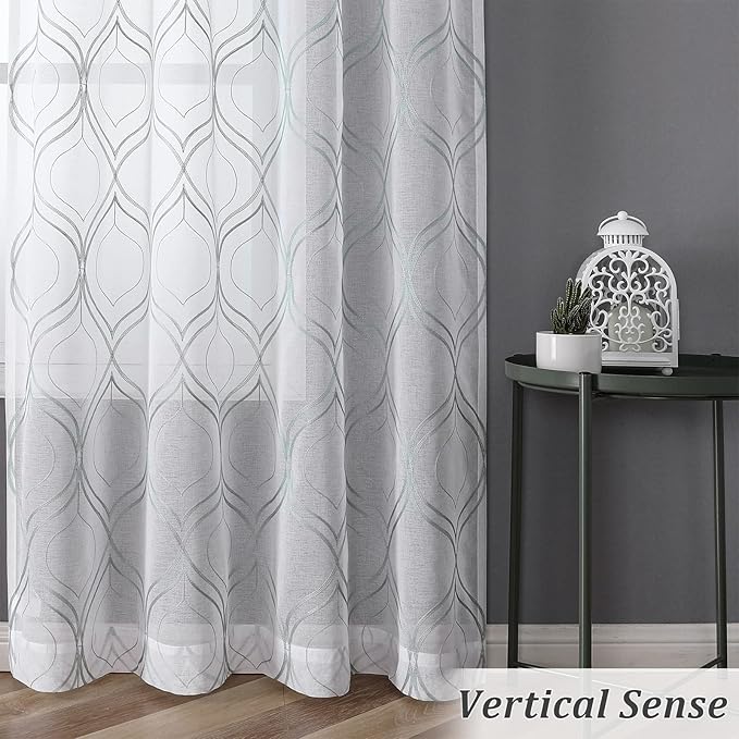 VISIONTEX White Sheer Curtains 108 Inches Long 2 Panels Set Green Moroccan Embroidered Curtains Trellis French Textured Rod Pocket Voile Tulle Semi Window Drapes for Bedroom Living Room 54 x 108 Inch
