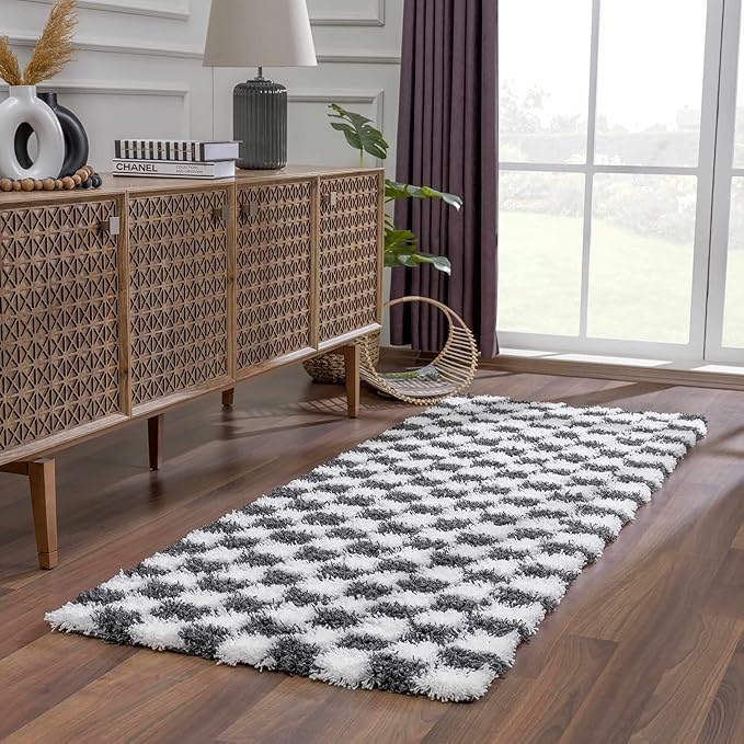 Hauteloom Atira Contemporary Checkered Fluffy Shag Area Rug - Modern Geometric Carpet Tiles for Living Room, Kids Room, Nursery - Plush Pile - Black, White - 6'7" x 9'6"
