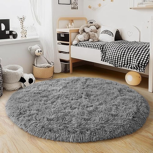 5'x5' Grey Round Rug for Bedroom, Ultra Soft Fluffy Circle Rug for Kids Girls Boys Room, Cute Shag Rugs for Living Room Playroom Teen Room Home Decor Rug