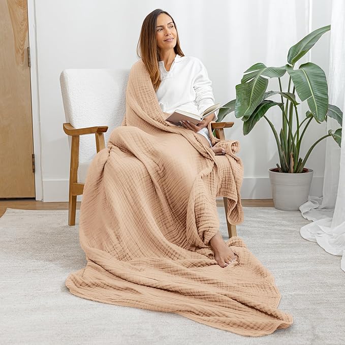 Comfy Cubs Muslin Throw Blanket - 50” x 60” Quilted Design - Lightweight, Breathable 6-Layer Gauze Fabric - Soft Cotton Blanket for Home or Travel - Packaged in Elegant Gift Box - Cream