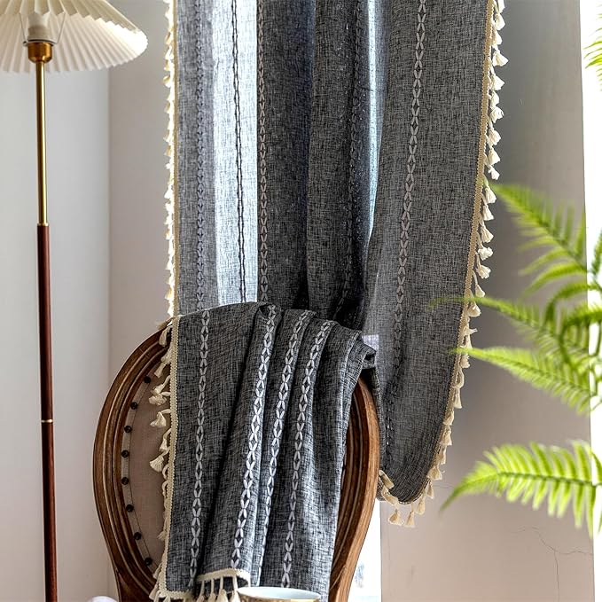 Deeprove Dark Gray Boho Curtains 96 inches Length for Bedroom Living Room, Coal Grey Bohemian 96 inches Long Embroideried Cottage Farmhouse Vintage Tassel Window Treatments, W52 x L96, 1 Panel