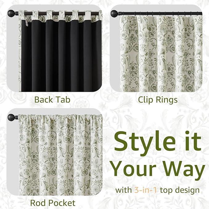 jinchan Floral Blackout Curtains for Bedroom Living Room 84 Inches Length Farmhouse Curtains Room Darkening Vintage Drapes Traditional Rod Pocket Window Treatment 2 Panels Set Sage Green on Beige
