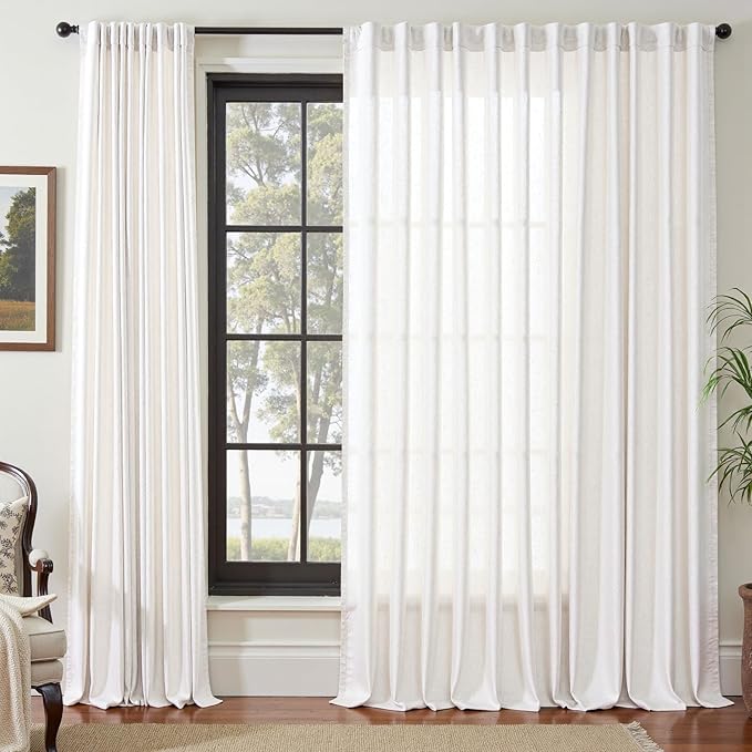 jinchan Linen Blend Curtain 120 inch Extra Long 1 Panel Extra Long for Sliding Door, Light Filtering 100 inch Extra Wide Patio Door Drape with Rod Pocket Back Tab(100W x 120L, Off White)