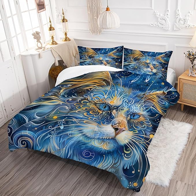 Cat Comforter Set King: Blue Cat Print Bedding Sets Mystic Ethnic Kitten Quilts for Women Men Adults Mandala Boho Exotic Feline Bed Set 1 Comforter & 2 Pillowcases