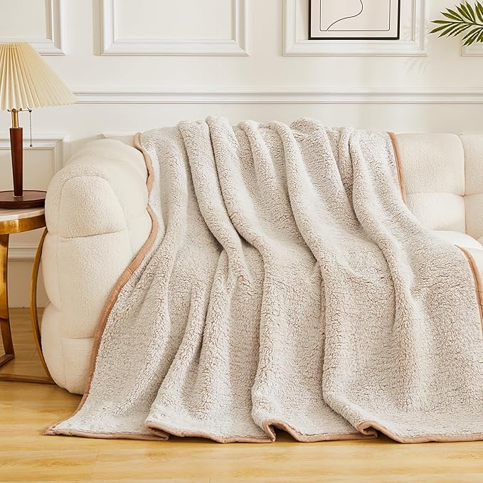 EMME Soft Sherpa Fleece Blanket Reversible Plush Fluffy Large Blanket, Light Weight Warm Decorative Boho Blanket Cover for Sofa, Couch, Bedroom,Travel(Plush Khaki,90"x90")