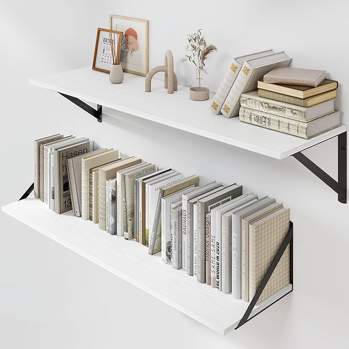Heimlove White Deep Floating Shelves for Wall, 32W x 8D Wood Wall Shelves Set of 2, Wide Floating Bookshelf for Living Room, Kitchen, Office, Bedroom and Decor Storage, with Black Bracket - White