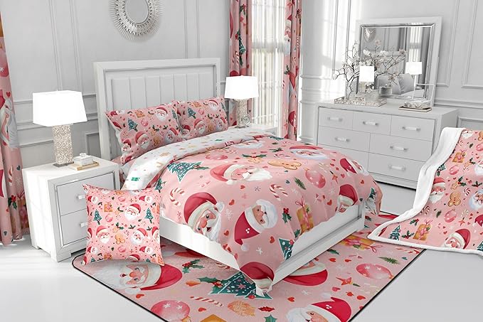 Feelyou Christmas Bedding Set Pink Christmas Duvet Cover Set for Kids Boys Girls Cookies Comforter Cover Christmas Tree Quilt Cover Bedroom Collection 3Pcs King Size,No Comforter