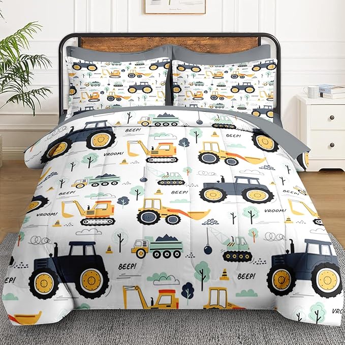 7 Pcs Full Size Comforter Set with 2 Pillowcases & 2 Shams, Tractor Bedding for Kids and Adults, Construction Truck Bedding Set with Flat & Fitted Sheet