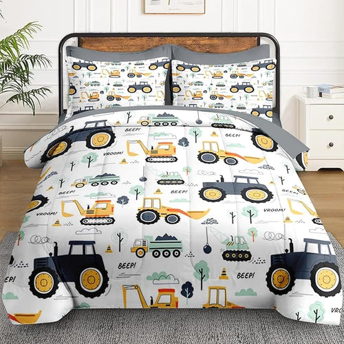 7 Pcs King Size Comforter Set with 2 Pillowcases & 2 Shams, Tractor Bedding for Kids and Adults, Construction Truck Bedding Set with Flat & Fitted Sheet