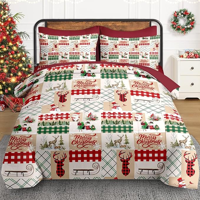 7 Pcs Full Size Christmas Comforter Set with 2 Pillowcases & 2 Shams, Winter Xmas Plaid Bedding for Kids and Adults, Cute Snowman Reindeer Bed in a Bag with Flat Fitted Sheet