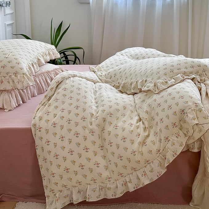 BuLuTu Muslin Duvet Cover King, Vintage Azalea Floral Comforter Cover with Ruffles, Princess Bedding Soft Breathable Gauze Cotton Quilt Covers,90"x104", Zipper Closure, No Pillow