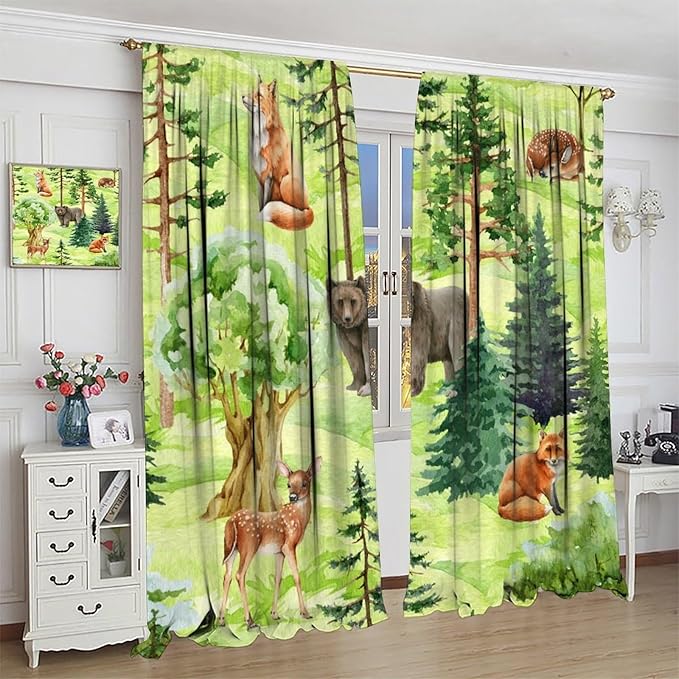 Woodland Animal Curtains, Watercolor Jungle Animals Fox Bear Pattern Window Treatments, Rod Pocket Thermal Insulated Drapes 2 Panel Sets for Kids Bedroom Nursery Classroom, 42" W X 45" L【Decor】
