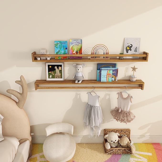 Fun Memories Nursery Book Shelves - Rustic Natural Solid Wood Floating Bookshelf for Kids - Wall Book Shelves for Kids Room (Carbonized, 48inch - 2P)