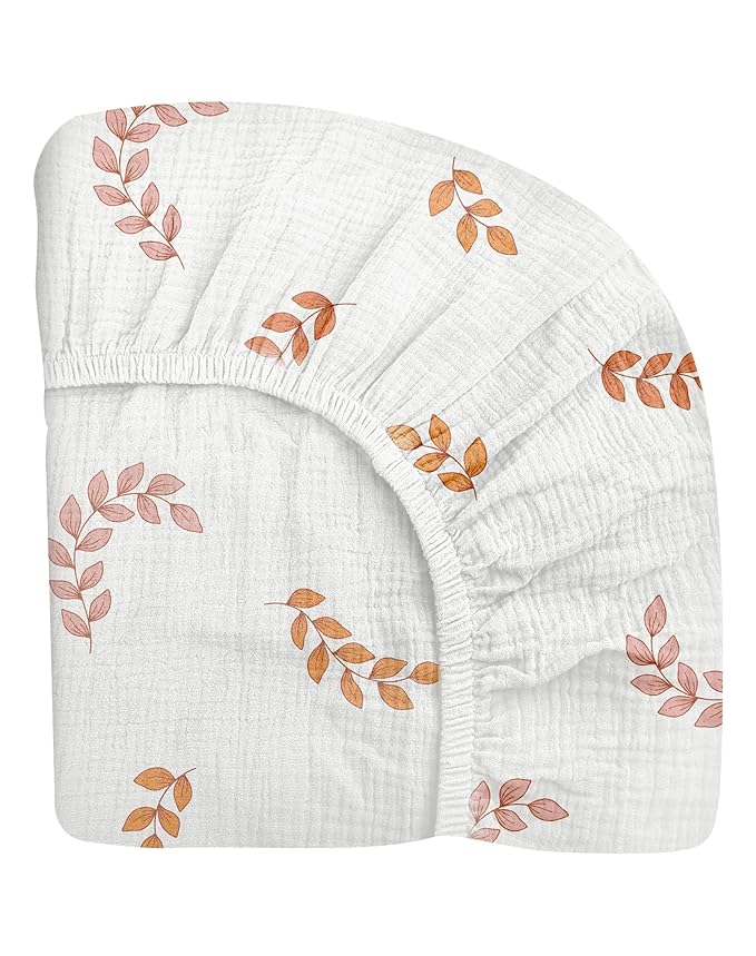 Mini Crib Sheets for Baby, Fitted Pack N Play Mattress and Mini Cribs 24" x 38", Neutral Muslin Cotton Mini Crib Mattress Sheet with Boho Style, Soft and Breathable Comfort (Leaf)