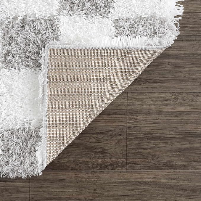 Hauteloom Atira Contemporary Checkered Fluffy Shag Area Rug - Modern Geometric Carpet Tiles for Living Room, Kids Room, Nursery - Plush Pile - Gray, Cream, White - 6'7" x 9'6"