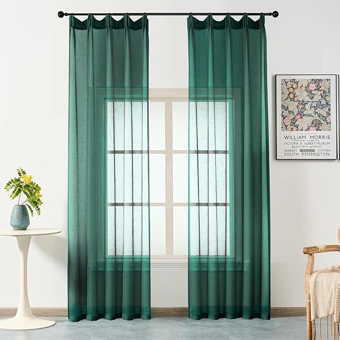 Emerald Green Curtains Sheer 102 Inch Long, Dark Linen Look Textured Light Filtering Drapes, Hunter Green Transparent Window Decor, Floor to Ceiling Pinch Pleat Curtain with Hooks