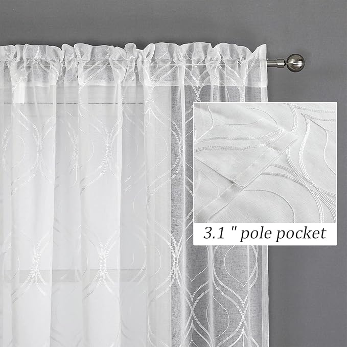 VISIONTEX White Sheer Curtains 72 Inches Long 2 Panels Set Moroccan Embroidered Curtains Trellis Decor French Textured Rod Pocket Voile Tulle Semi Window Drapes for Bedroom Living Room 54 x 72 Inches