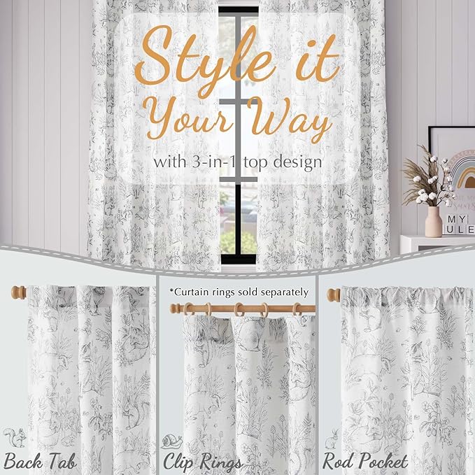 jinchan Linen Nursery Curtains 90 inch Long Woodland Wildlife Grey Print Drapes for Kid's Room Light Filtering French Country Farmhouse Gray Curtains with Bunny and Forest Design Set of 2 Panels