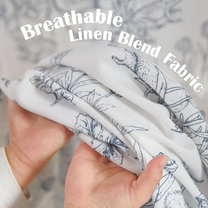 jinchan Linen Nursery Curtains 90 inch Long Woodland Wildlife Blue Print Drapes for Kid's Room Light Filtering French Country Farmhouse Curtains with Bunny and Forest Design Set of 2 Panels