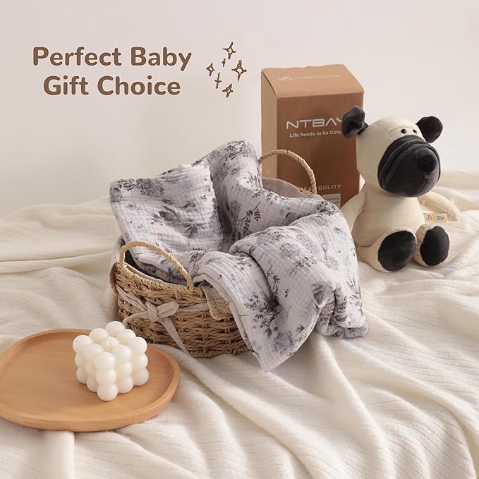 NTBAY 4 Layer Muslin Cotton Toddler Blanket, 42x60 Soft and Breathable Receiving for Newborns and Infants, Perfect for Crib, Stroller, Travel, Lightweight Nursery Blanket, Vintage Bloom