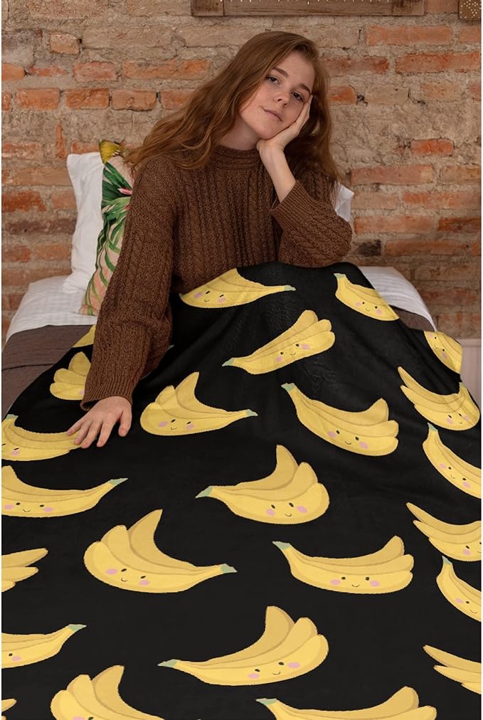 Thuswarm Cute Banana Kawaii Black Flannel Throw Blanket Warm Cozy Soft Funny Print Blankets for Bed Couch Sofa Room Decoration Gifts 120”×90” Extra Large for Family