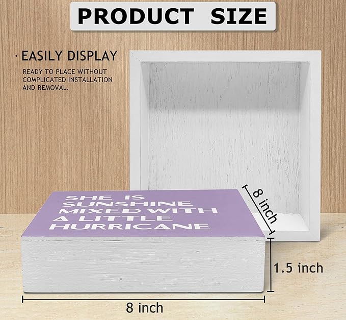 SRADMO She Is Sunshine Mixed with a Little Hurricane Boho Purple Wood Box Sign Desk Decor, Baby Girls Inspirational Wooden Box Decor for Girls Room Nursery Shelf Table Decoration, 8x8 Inches