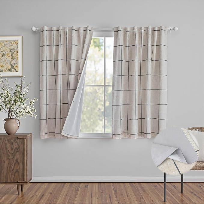 MYSKY HOME 100% Blackout Plaid Linen Curtains 45 Inches Long Double Layer Farmhouse Thermal Insulated Checkered Print Drapes with Rod Pocket Back Tab for Small Window, 2 Panels, 52" Wide, Deep Grey