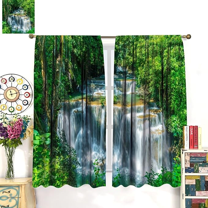 Scenic Nature Blackout Curtains, Natural Falls Landscape Forest Tree Waterfall Scenery Window Drapes, for Bedroom Living Room 55" W X 63" L