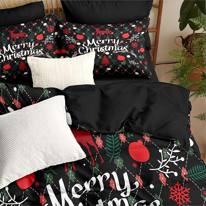 Christmas Duvet Cover King Size Black Christmas Tree Bedding Set Kids Boys Girls Happy Holiday Xmas Comforter Cover 3 Pieces with Zipper Closure (No Comforter)