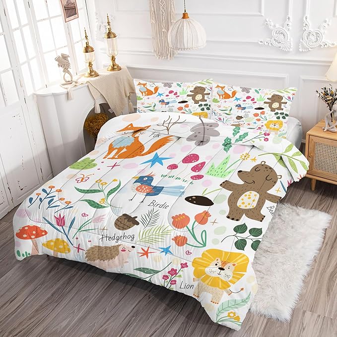 Comforter Set Cartoon Animals: Queen Size Cute Bedding Set for Kids Teen Girls Toddler Boys Kawaii Fox Bear Lion Flowers Soft Quilt Duvet Bed Sets 1 Comforter & 2 Pillowcases