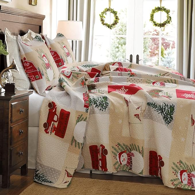 Christmas Quilt Set King Size Bedding Xmas Home Decor Holiday Quilt Lodge Snowman Plaid Patchwork Lightweight Quilt Set Bedding Reversible Christmas Bed Set