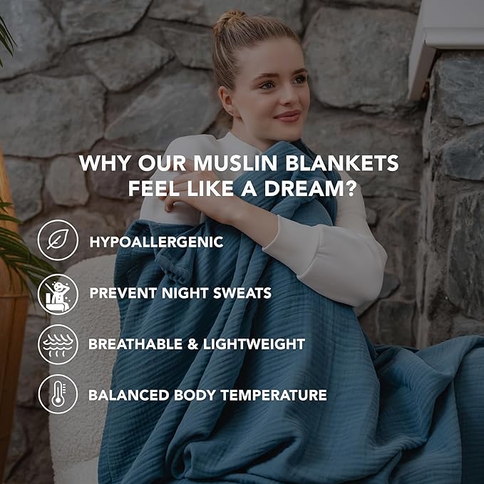 Goqan Throw Blanket 55x60 – 100% Cotton 4 Layer Boho Muslin Blanket for Adults, Lightweight, Soft, Breathable for Bed, Couch, Picnic - Teal