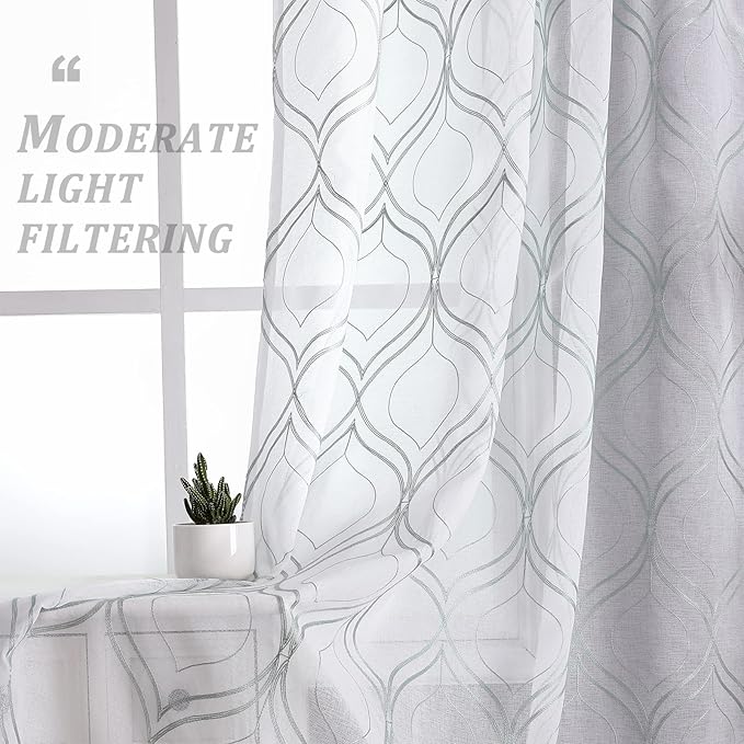VISIONTEX White Sheer Curtains 72 Inches Long 2 Panels Set Green Moroccan Embroidered Curtains Trellis French Textured Rod Pocket Voile Tulle Semi Window Drapes for Bedroom Living Room 54 x 72 Inches