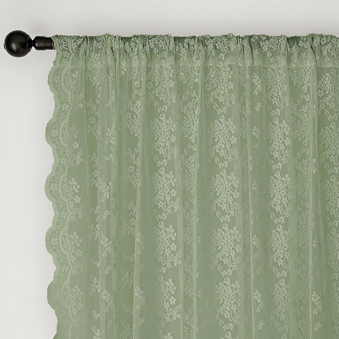 Anmao Vintage Sage Green Lace Curtains 45 Inches Long 2 Panels Sets, Romantic Light Filtering Semi Sheer Floral Thick Lacy Curtain Drapes for Living Room and Bedroom, Each Panel 55W x 45L, Sage Green
