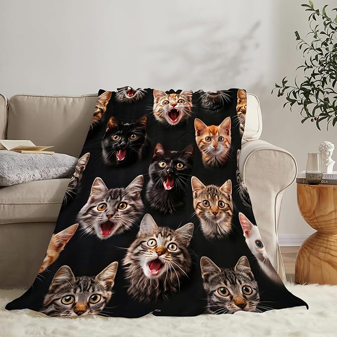 Flannel Cat Throw Blanket, 80"x60", White, Modern Style, Warm, Moisture-Wicking, Perfect for Napping, Reading, Camping, Travel