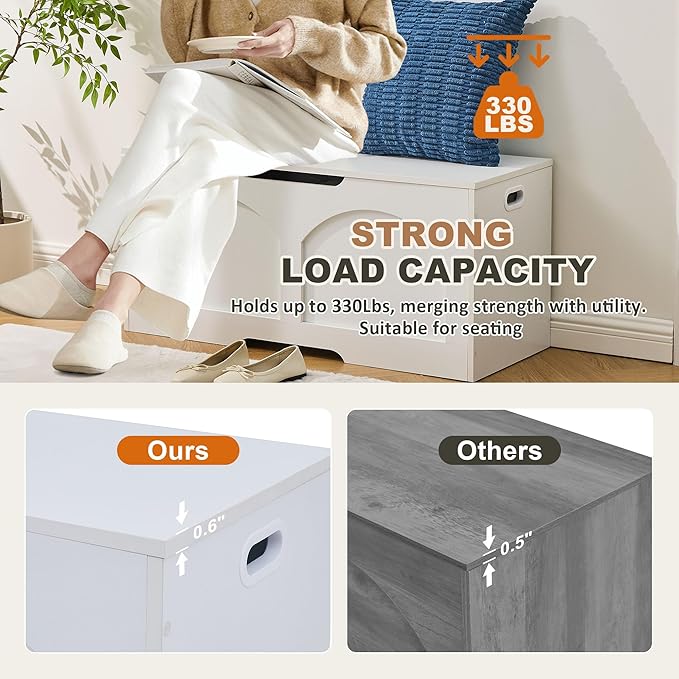 39.4" Storage Chest, Wooden Storage Bench, Storage Trunk, Chest with Lift Top, Large Box Entryway Bench, Supports 330 lb U-Shaped Opening for Entryway, Hallway, Living Room, White