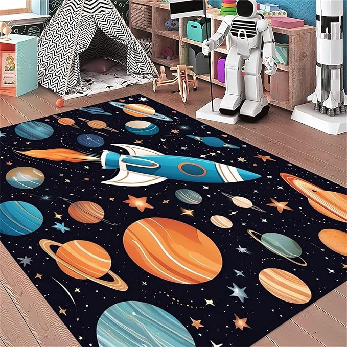 5x6ft Large Space Themed Area Rug - Cartoon Space Solar System Planets Area Rugs, Soft Non-Slip, Machine Washable Polyester Mats, Perfect for Kids Room, Playroom and Nursery, Space Room Decor