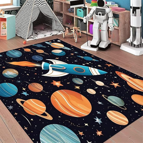 6x8ft Large Space Themed Area Rug - Cartoon Space Solar System Planets Area Rugs, Soft Non-Slip, Machine Washable Polyester Mats, Perfect for Kids Room, Playroom and Nursery, Space Room Decor