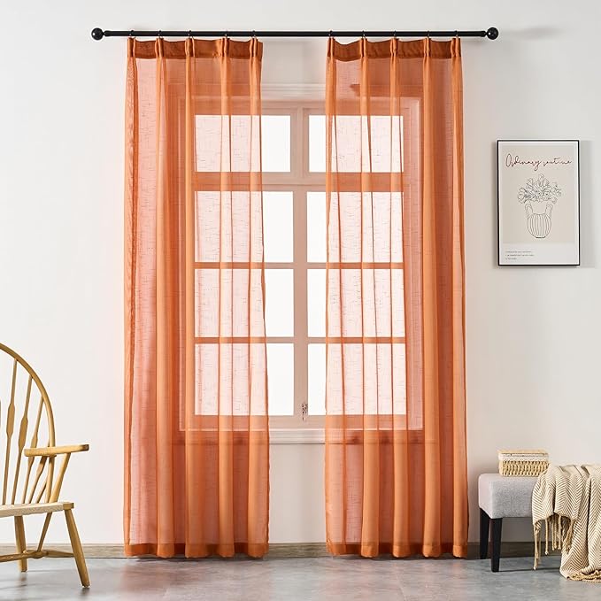 Burnt Orange Curtains Sheer 108 Inches Long, Rustic Linen Look Textured Light Filtering Drapes, Western Boho Transparent Window Decor, Floor to Ceiling Pinch Pleat Curtain with Hooks