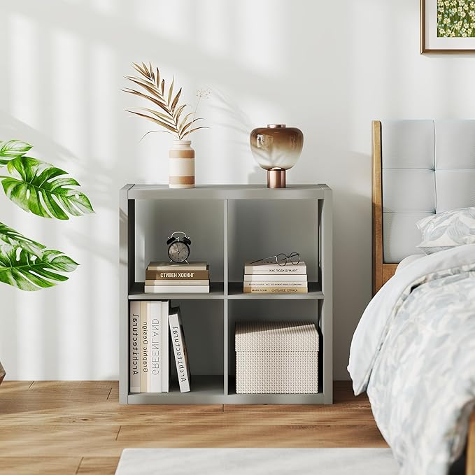 Wood 4 Cube Organizer Shelf, 14.6" x 30" x 30" Square Storage Cubes with 4 Storage Spaces, 2 x 2 Shelf Organizer for Bedroom, Living Room, Playroom, Light Gray