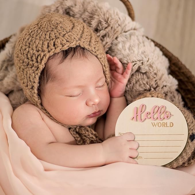 Newborn Announcement Sign, 5.9in Wooden Hello World Baby Welcome Sign Birth Baby Name Plaques for Newborn Boys and Girls Photo Props Shower Hospital Nursery (Light Pink)