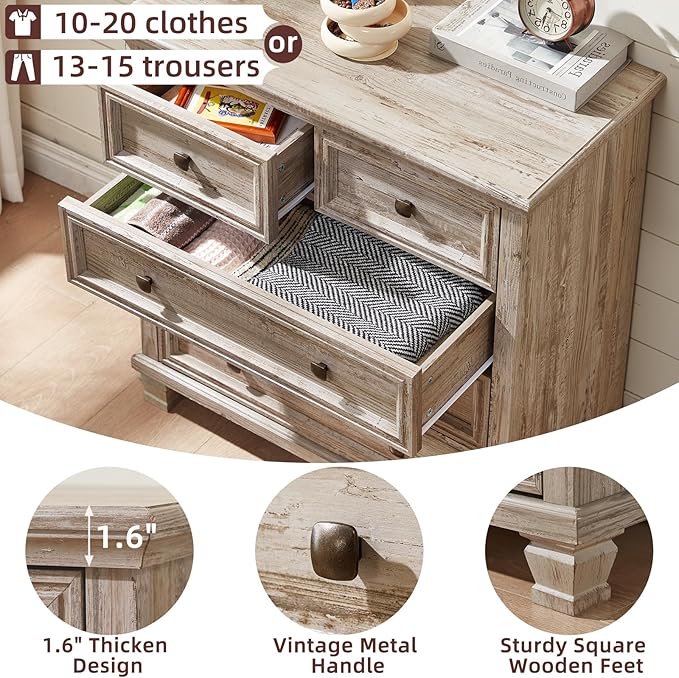 Farmhouse Bedroom Dresser and Nightstand Set of 4, 6 Drawer Tall & 5 Drawers Dresser & 3 Drawer Nightstand Set with Wooden Legs, Rustic Wood Furniture for Bedroom, Hallway, Grey