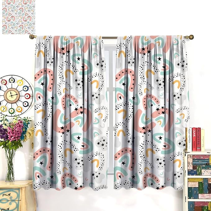Boho Rainbow Curtains for Kids Nursery Colorful Floral Sun Star Clouds Pastel Bohemian Pattern Print Window Drapes for Girl Bedroom Living Room Kitchen Decor,2 Panel Set,42Wx45H Inch Blackout