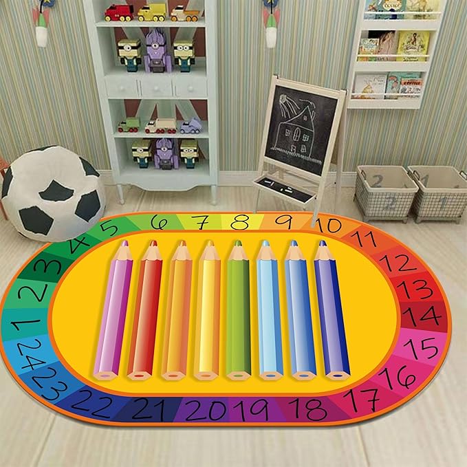 Colorful Kids Oval Rug, 5x8ft, Early Learning Education Play Mat for Learning Numbers, Soft Non-Slip Pens Design Rugs for Boys Girls Room Playroom Classroom Nursery Room