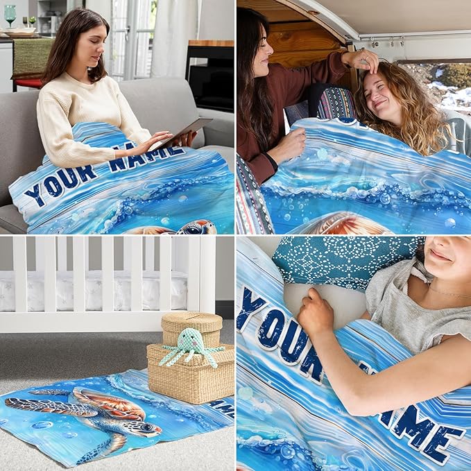 Personalized Turtle Stuff for Kids - 30" x 40" Inches Cute Throw Blanket for Girls Boys - Blue Lightweight Furry Blankets for Sofa, Lap & Office