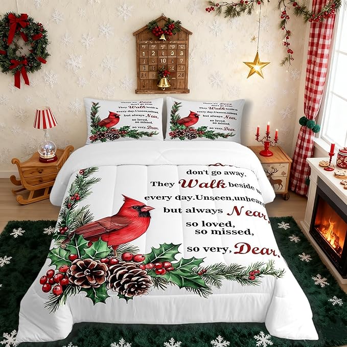 Red Cardinal Kids Bedding Set King Size,Christmas Birds Holly Pinecones Comforter Set,Berries Poinsettia Rustic Animal Quilt Comforter,White Red Green Bedroom Duvet Insert,2 Pillowcases