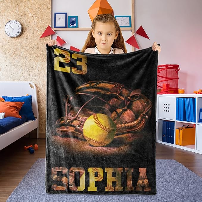 Custom Baseball Blanket for Baby Kids - Personalized Name and Number - Soft Warm and Fluffy Flannel Fabric Gift for Sports Lovers 50x60inch